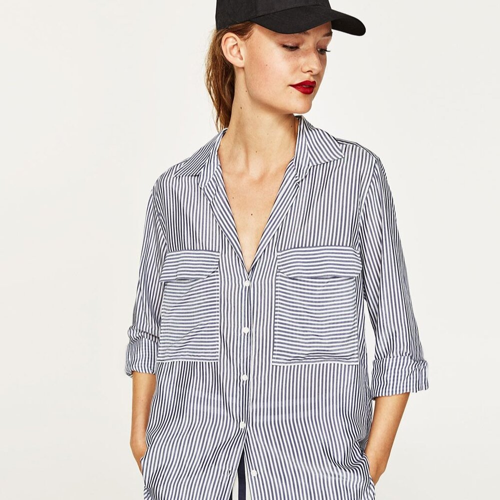 ZARA Women Large Blue White Striped Button-Down Shirt Blouse Long Sleeve pocket